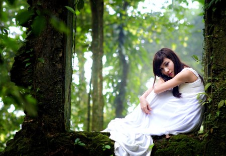 Like a Princess - pretty, female, eyes, dress, forest, leaves, princess, face, woods, trees, beautiful, girl, beauty, lovely, sweet, hair, tree, white dress, hands, nature, hand, lady, green, woman