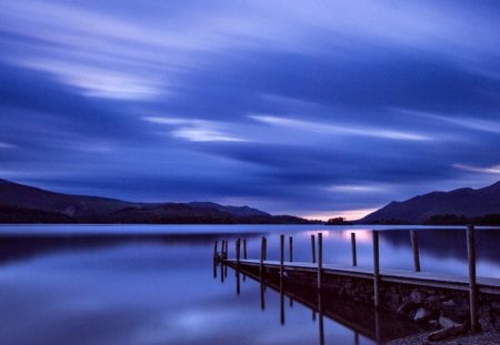 Peaceful Place - beautiful, morning, view, pier, nature, mountains, water, early morning, landscape, beauty, peaceful, blue, lake, sky, reflection, clouds, lovely, splendor, sunrise