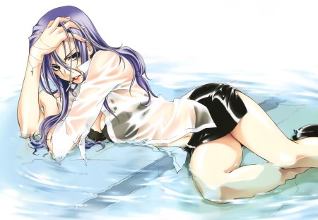 Jimu - bra, gemale, anime, anime girl, water, jimu, wet, long hair, short skirt, mother keeper, purple hair