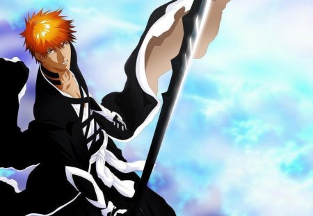 Ichigo Kurosaki - anime, kurosaki, sword, ichigo, blue background, male, bleach, ichigo kurosaki, weapon, spiky hair, lone, orange hair