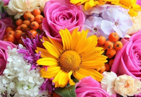 flowers - roses, yellow, pink roses, daisy, pink, bouquet, happy, flowers, basket, smile, nature, buch