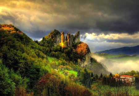 Morning fog - trees, fog, morning, forest, shadow, fall, nature, autumn, solei, field, sun, castle, sky