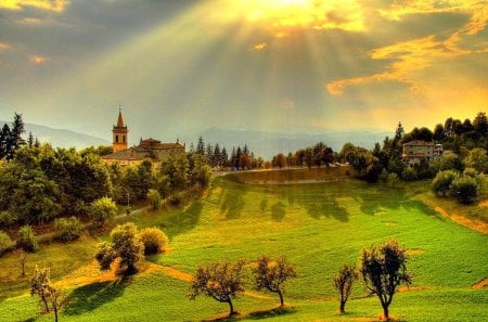 Morning fog - trees, fog, morning, forest, shadow, fall, nature, autumn, solei, field, sun, castle, sky