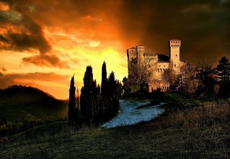 Morning fog - morning, autumn, sky, trees, sun, field, nature, fall, forest, solei, castle, fog, shadow