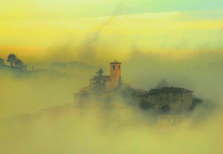 Morning fog - trees, fog, morning, forest, shadow, fall, nature, autumn, solei, field, sun, castle, sky