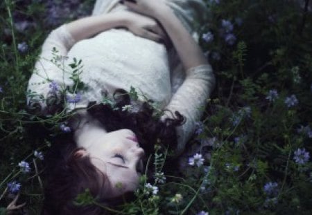 peace .. - sleeping, models, female, girl, flowers, grass