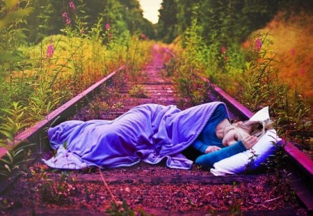 Woman sleeping on the way to a dream ... - women, tracks, trees, models, sleeping