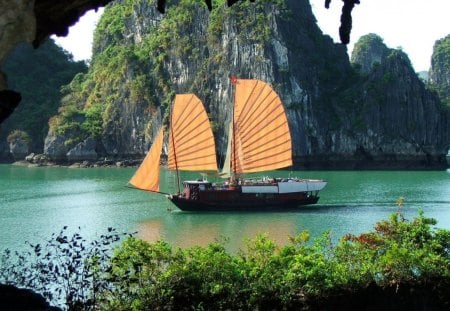 Summer getaway - water, landscape, sail, lake, reflection, island, nature, mountain, sailboat