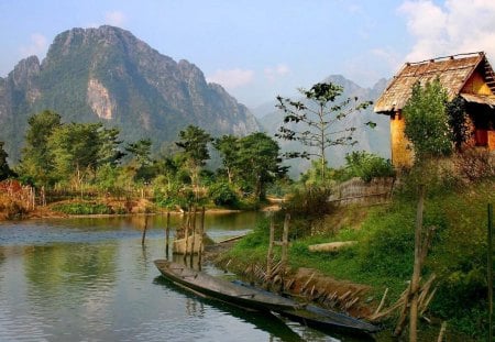 House near the lake - lake, trees, landscape, mountain, plants, relaxing, calm, nature, home, house, boat