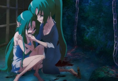 Sonozaki Mion and Sonozaki Shion - blood, anime, girl, sonozaki shion, furude rika, darkness, houjou satoko, higurashi no naku koro ni, ryuguu rena, sonozaki mion, maebara keiichi