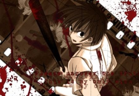 Maebara Keiichi - girl, sonozaki mion, blood, darkness, higurashi no naku koro ni, houjou satoko, furude rika, maebara keiichi, ryuguu rena, anime, sonozaki shion