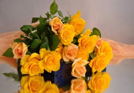 Bouquet of fresh roses - pretty, roses, delicate, yellow, beautiful, lovely, freshness, petals, orange, bouquet, vail, harmony, flowers, fresh, green, nice