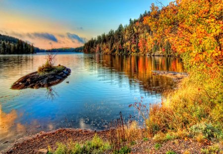 Colorful fall morning - lakeshore, nice, sky, autumn, trees, riverbank, peaceful, clear, crystal, calm, fall, reflection, river, morning, lake, mountain, shore, lovely, nature, beautiful, island, waters