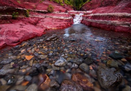 Red rock canyon mini falls - nice, stream, colorful, greenery, clear, creek, rocks, calm, purple, river, falls, falling, mountain, summer, lovely, nature, mini, canyon, forest, red, beautiful, stones, colors