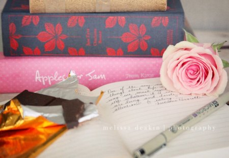 A few of my favorite things. - love, choccolate, heart, reading, pink rose, favorite, rose, pencil, pen, pink, things, books, words