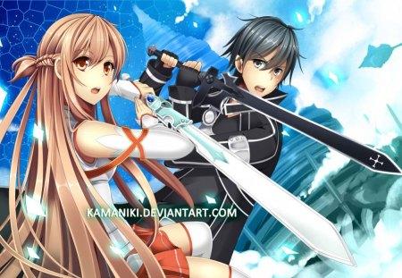 Sword Art Online - female, team, glove, male, sword art online, anime boy, fighter, anime girl, hot, sword, yuuki asuna, together, kirito kirigaya, brown hair, cool, thighhigh, black hair, cloud, sexy