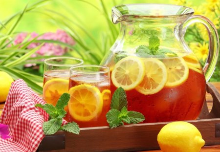 OUTDOOR SUMMER - refreshments, gardens, ice tea, entertainment, tea, outside, flowers, citrus, fruit, tea tray, lemon