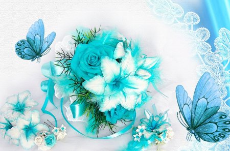 Aquamarine Floral - cyan, papillon, roses, airy, butterflies, lace, fleurs, light, lily, flowers, aqua, butterfly