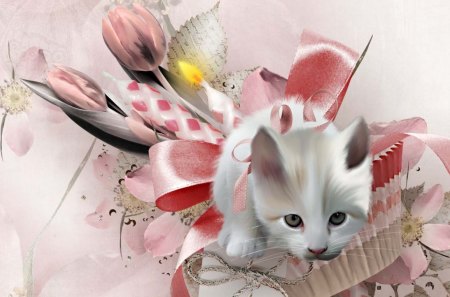 Kitten Bouquet - summer, whimsical, collage, spring, pink, flowers, kitten, ribbon, candle, sweet, fleurs, tulip, cat, feline, cute, bow, kitty