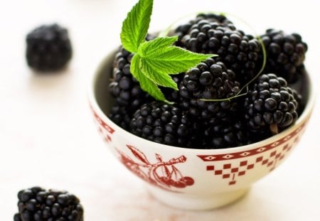 *** Blackberries *** - blackberries, green, bowl, leaves