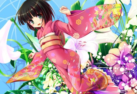 Cute geisha - flower, purple, pink, spring, blue sky, yellow, anime, girl, manga, geisha, kimono, day