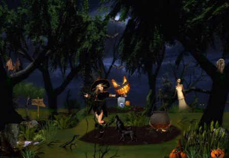 Halloween In The Swamp - witches, pumpkins, swamps, halloween, ghosts