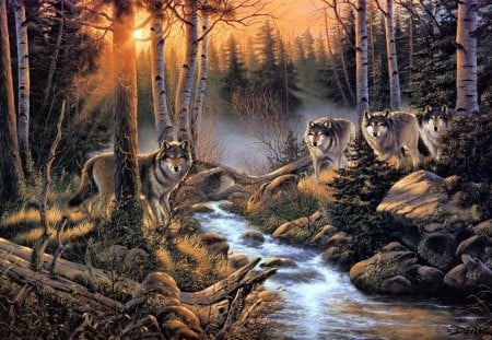 Wolves at sunset - sunset, wolf, wolves, painting, nature, art, forest, river, animal, tree