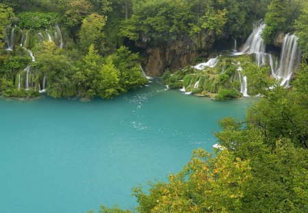 plitvice lake - waterfalls, trees, pools, caves, blue, green, lake