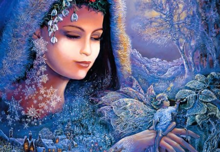 Spirit of Winter - white, spirit, village, lady, winter, snowflakes, fairy child