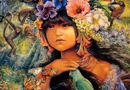 Princess of the Amazona - princess, monkeys, flowers, child, toucans, butterflies