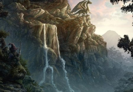 fantasy island - dragon, waterfalls, wizard