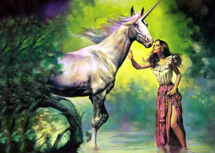 Beauty and the Unicorn - water, pond, woman, beautiful, forest, unicorn, pastels, woods