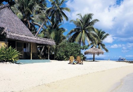 beach - sky, beach, clouds, palms, fiji, house, sand