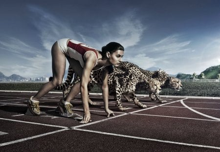 The Race - women, clouds, leopards, competition, starting line, 3d, track, sky