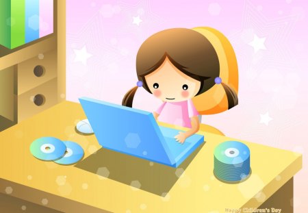 Kid on Computer - desk, pig tails, girl, laptop, cds