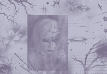 Haunted Memories - trees, branches, birds, butterflies, mouths, collage, gothic, stars, flowers, lips, woman