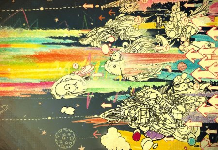 Artistic Drawing - planets, clouds, ships, circles, arrows, colors