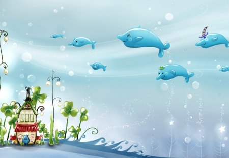 Flying Dolphins - dolphins, plants, lamp, house, sea