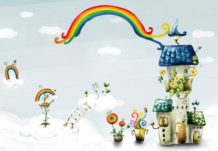 Rainbow Bridge - flowers, clouds, house, rainbow, ladder, sky