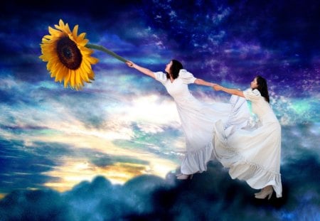 Don  t Let the Sun Go Down - sunflower, photomanipulation, girls, sky, fantasy, females, art, clouds, digital, surreal