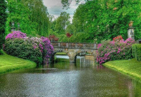 Garden Bridge - Germany - nice, sky, german, trees, roses, riverbank, pretty, reflection, calmness, river, green, garden, bridge, germany, lake, park, burgsteinfurt, summer, lovely, serenity, bushes, nature, floral, schloss, tranquil, beautiful, flowers, munsterland