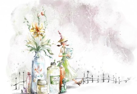 Gir and Hug Bottles - flowers, clouds, girl, hugs, fence, bottles