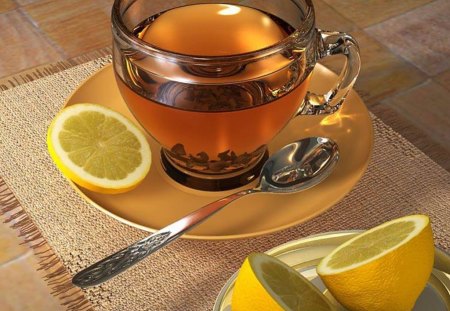 Morning with warm tea - teaspoon, tea, napkin, cup, lemon