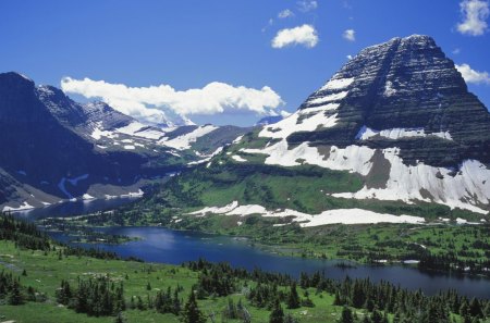 Glacier National Park - trees, landscape, grass, mountains, sky