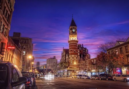 An Evening at the Library - york, library, tower, evening, clock, city, night, jefferson, dark, nyc, classic architecture, market, new