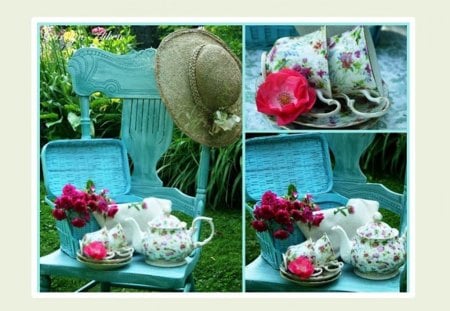 garden collage - hat, flowers, garden, table, colors, still life