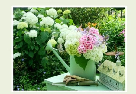 beautiful place in garden - hydrangea, watering can, flowers, garden