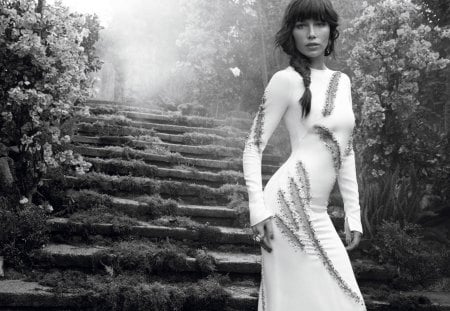 * Fairy of the garden * - beautiful girl, grass, actress, white dress, stairs, jessica biel, garden, model, fairy, park