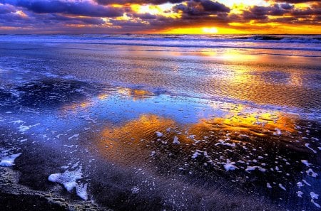 FOAMY BEACH - nature, beach, sunset, foam