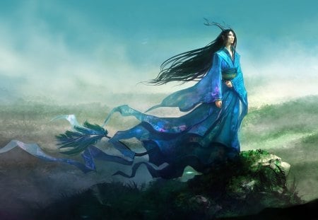 The girl - long hair, fantasy, wind, blue dress, girl, abstract, horn